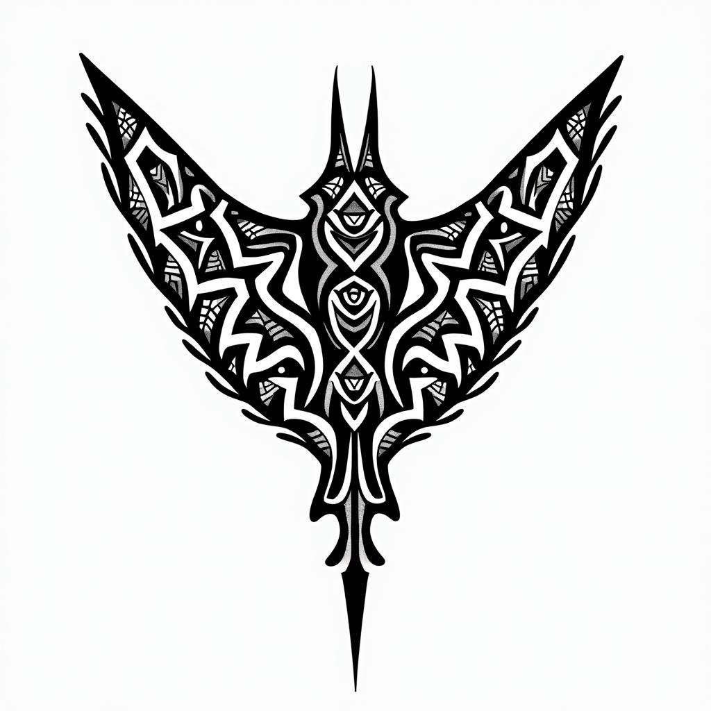 Manta ray, bold, Mayan calendarin tribal tattoo style, featuring bold and black geometric shapes, curved lines, intertwine and flow seamlessly, creating a powerful and symbolic design, polynesian and maori styles - Variation 7