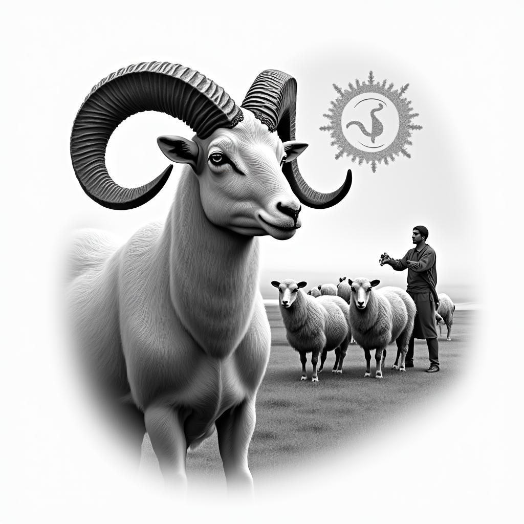 Merino ram with twisted horns in the foreground. A shepherd with his flock in the background and the zodiac sign Leo in the sky.in realism tattoo style, featuring a highly detailed, lifelike, capturing every detail, photorealistic, ultra realistic, intricate shading, smooth and sharp,   - Variation 3
