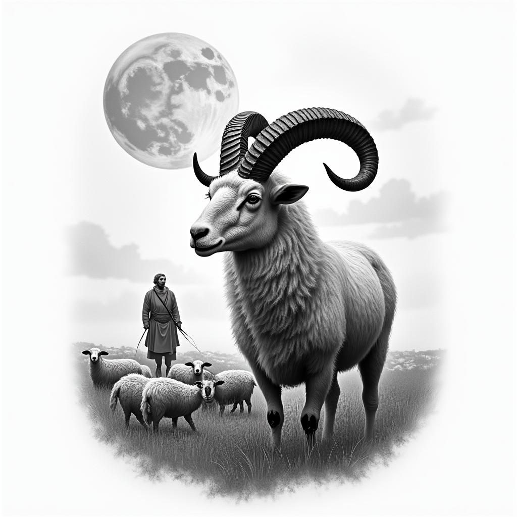 Merino ram with twisted horns in the foreground. A shepherd with his flock in the background and the zodiac sign Leo in the sky.in realism tattoo style, featuring a highly detailed, lifelike, capturing every detail, photorealistic, ultra realistic, intricate shading, smooth and sharp,   - Variation 4