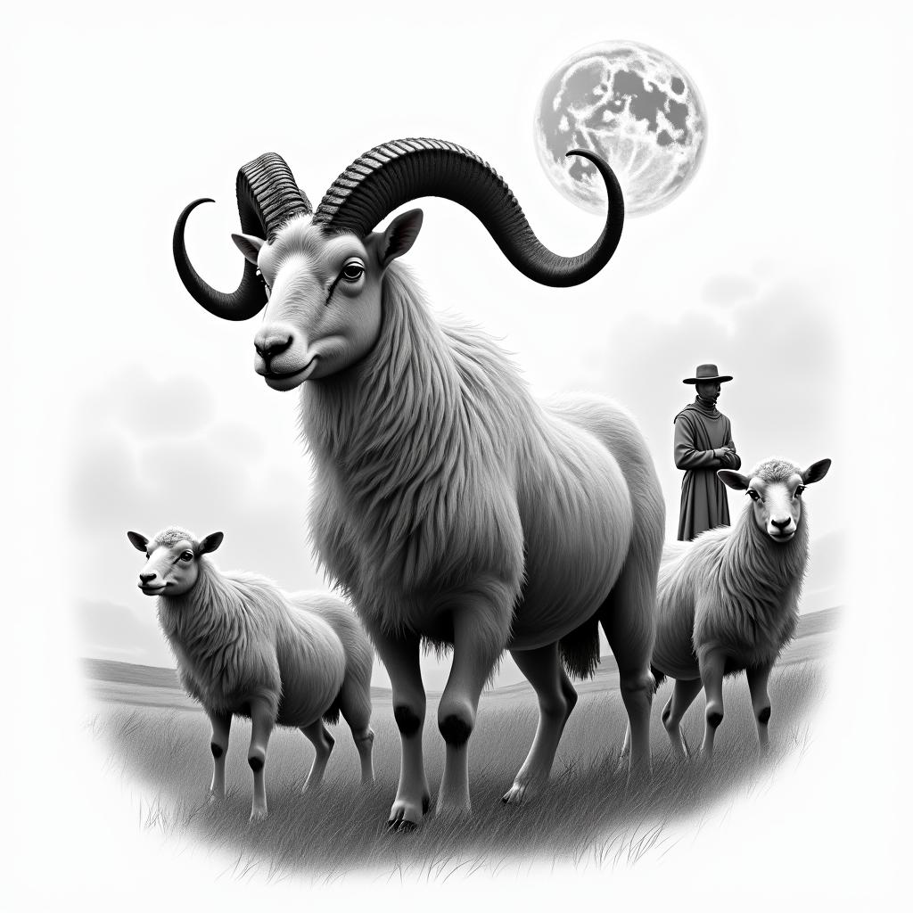 Merino ram with twisted horns in the foreground. A shepherd with his flock in the background and the zodiac sign Leo in the sky.in realism tattoo style, featuring a highly detailed, lifelike, capturing every detail, photorealistic, ultra realistic, intricate shading, smooth and sharp,   - Variation 2