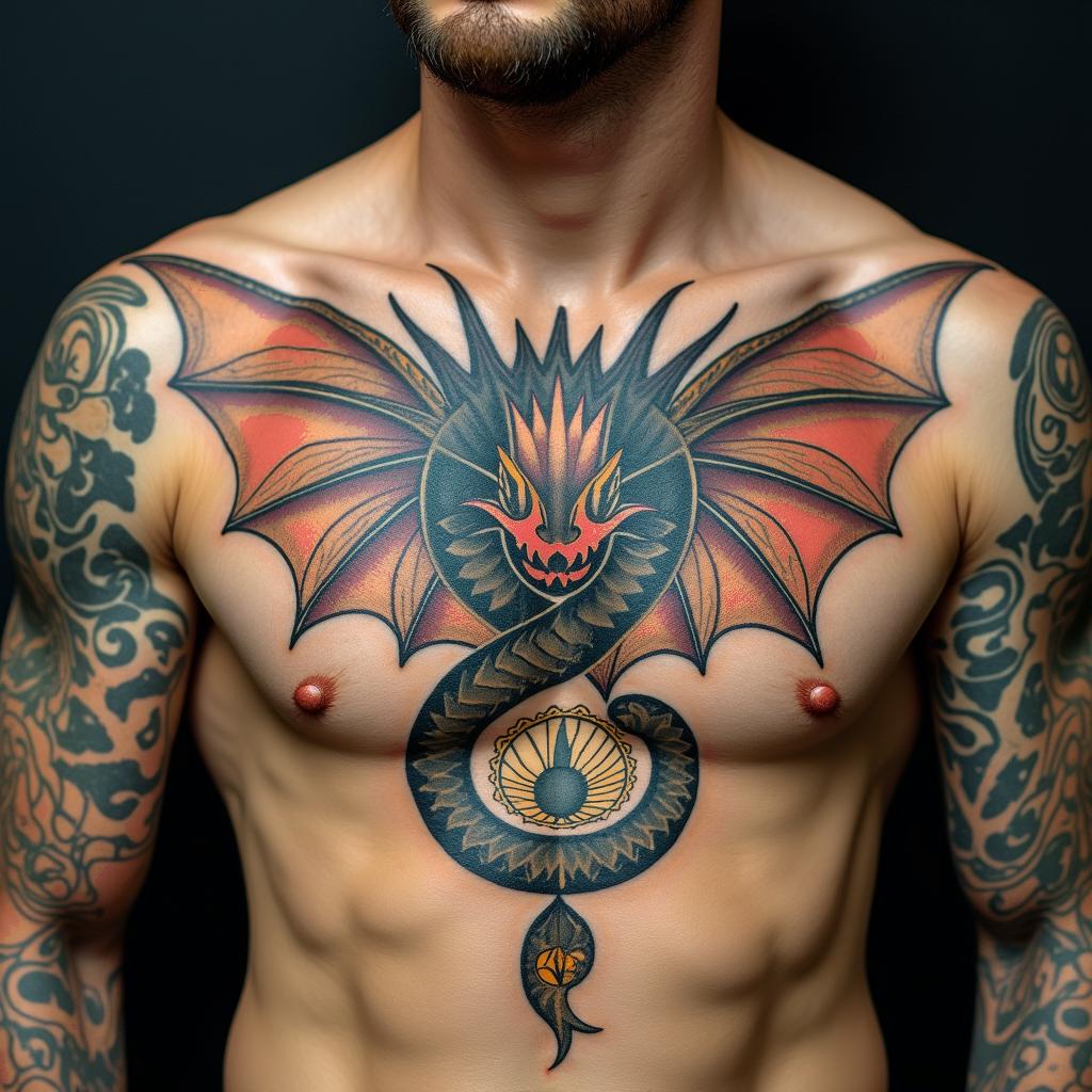 Dragonin spiritual symbols tattoo style, featuring an intricate design incorporating elements, Hamsa hand, third eye, minimalist composition - Variation 4
