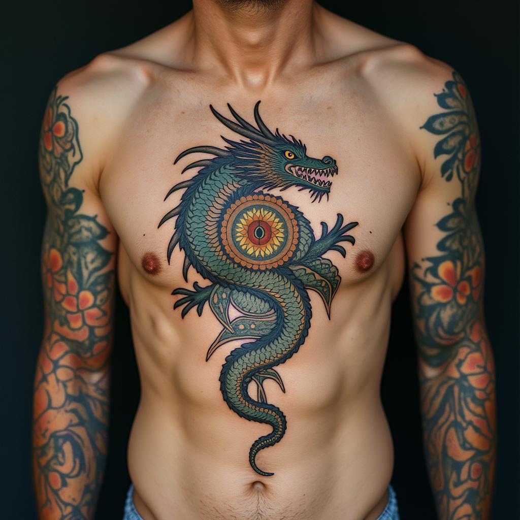 Dragonin spiritual symbols tattoo style, featuring an intricate design incorporating elements, Hamsa hand, third eye, minimalist composition - Variation 3