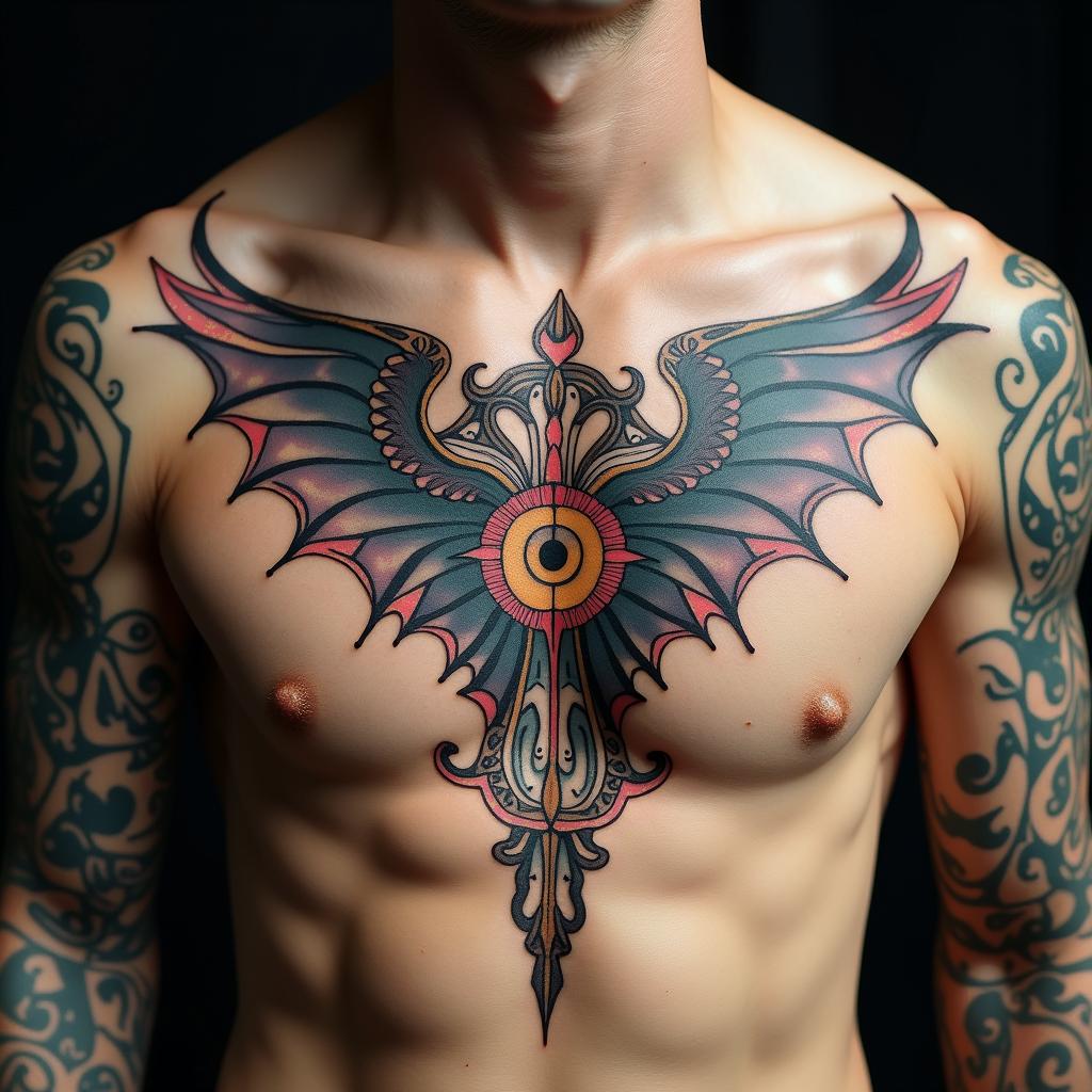 Dragonin spiritual symbols tattoo style, featuring an intricate design incorporating elements, Hamsa hand, third eye, minimalist composition - Variation 2