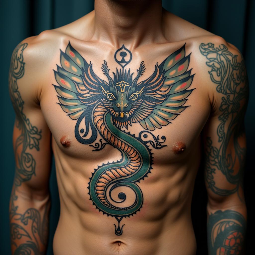 Dragonin spiritual symbols tattoo style, featuring an intricate design incorporating elements, Hamsa hand, third eye, minimalist composition