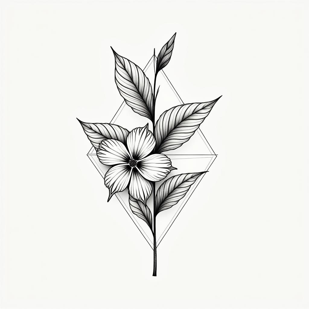 Fine line work, geometric, floral design of monstera leaves with hibiscus flowersin minimalist style tattoo, featuring simple shapes and fine lines, with minimal shading and details, tiny triangles, creating a sense of balance and harmony