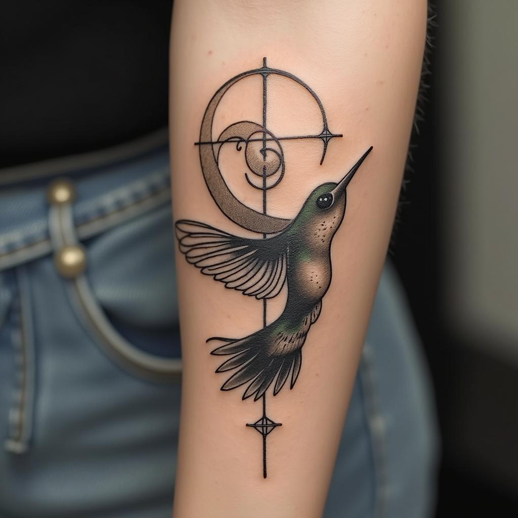 Please create a cover-up tattoo that includes a small hummingbird, tomato leaves, the sun and moon, something to symbolize motherhood of my two daughters, a cross, knot of happiness, guiding star and circles of balance.in bohemian style tattoo, 8k