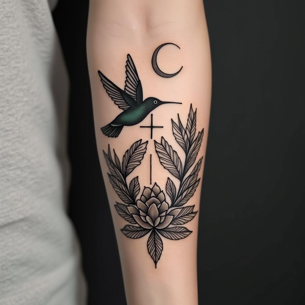 Please create a cover-up tattoo that includes a small hummingbird, tomato leaves, the sun and moon, something to symbolize motherhood of my two daughters, a cross, knot of happiness, guiding star and circles of balance.in bohemian style tattoo, 8k - Variation 4