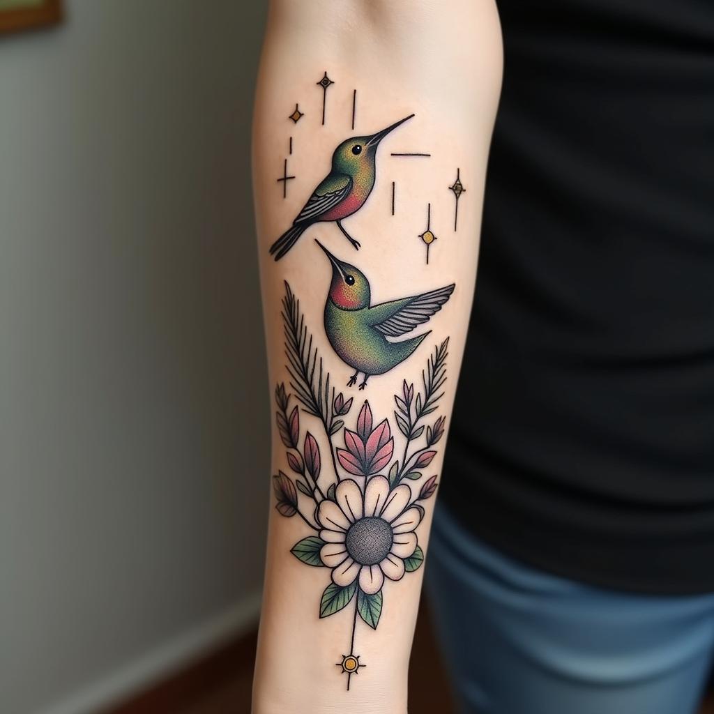 Please create a cover-up tattoo that includes a small hummingbird, tomato leaves, the sun and moon, something to symbolize motherhood of my two daughters, a cross, knot of happiness, guiding star and circles of balance.in bohemian style tattoo, 8k - Variation 3