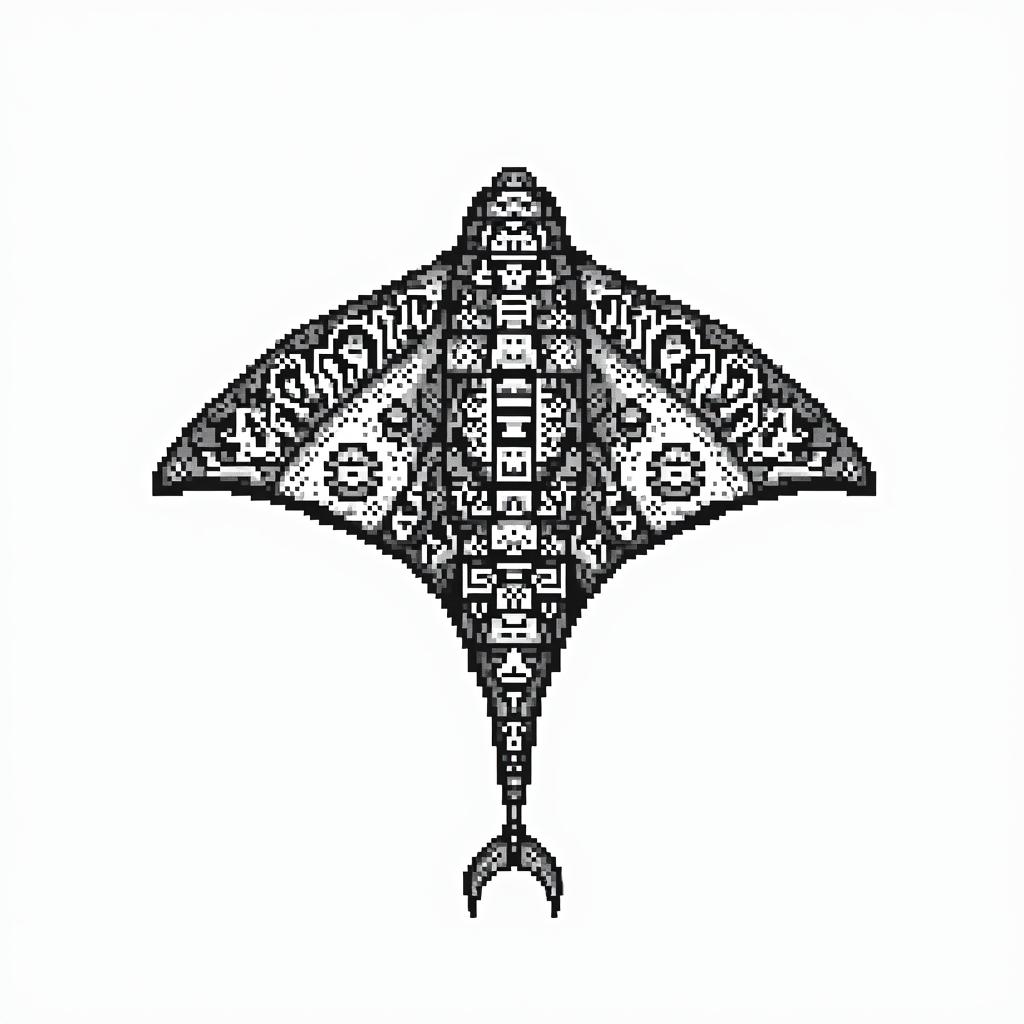 Manta ray, bold, Mayan calendarin 8-bit tattoo style, minimalistic pixel style tattoo, pixel art with simplified shapes and retro gaming visuals, inspired by 8-bit pixel based detailing - Variation 4