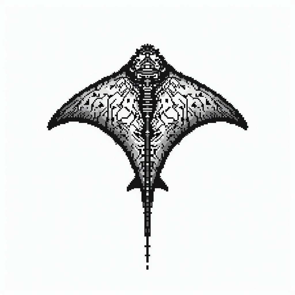 Manta ray, bold, Mayan calendarin 8-bit tattoo style, minimalistic pixel style tattoo, pixel art with simplified shapes and retro gaming visuals, inspired by 8-bit pixel based detailing - Variation 2