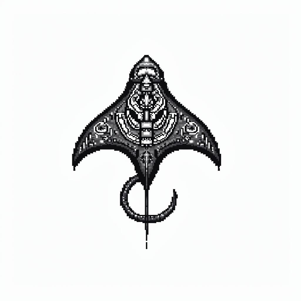 Manta ray, bold, Mayan calendarin 8-bit tattoo style, minimalistic pixel style tattoo, pixel art with simplified shapes and retro gaming visuals, inspired by 8-bit pixel based detailing