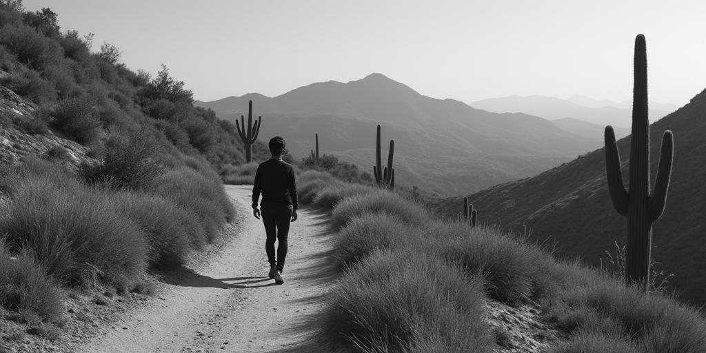 Hiking trail mountains trees one saguaro cactus no cloudshigly detailed tattoo - Variation 7