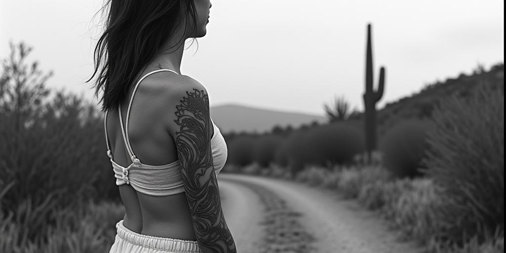 Hiking trail mountains trees one saguaro cactus no cloudshigly detailed tattoo - Variation 5