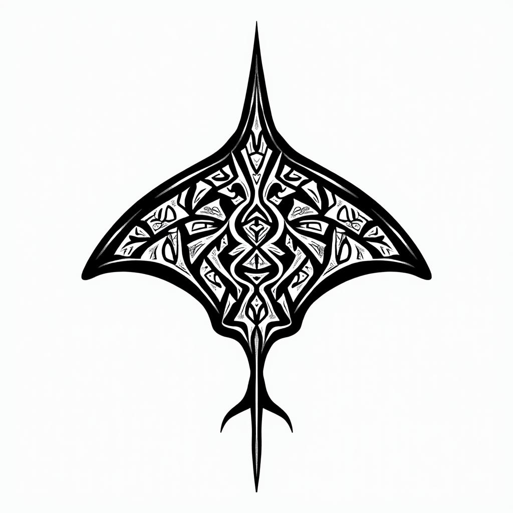 Manta ray, bold, Mayan calendarin tribal tattoo style, featuring bold and black geometric shapes, curved lines, intertwine and flow seamlessly, creating a powerful and symbolic design, polynesian and maori styles - Variation 4
