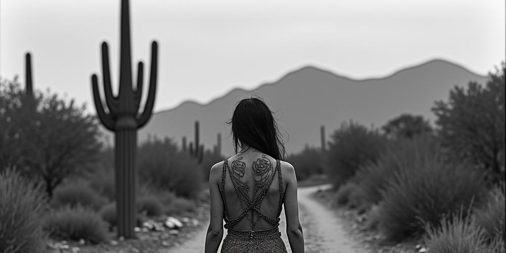 Hiking trail mountains trees one saguaro cactus no cloudshigly detailed tattoo - Variation 2