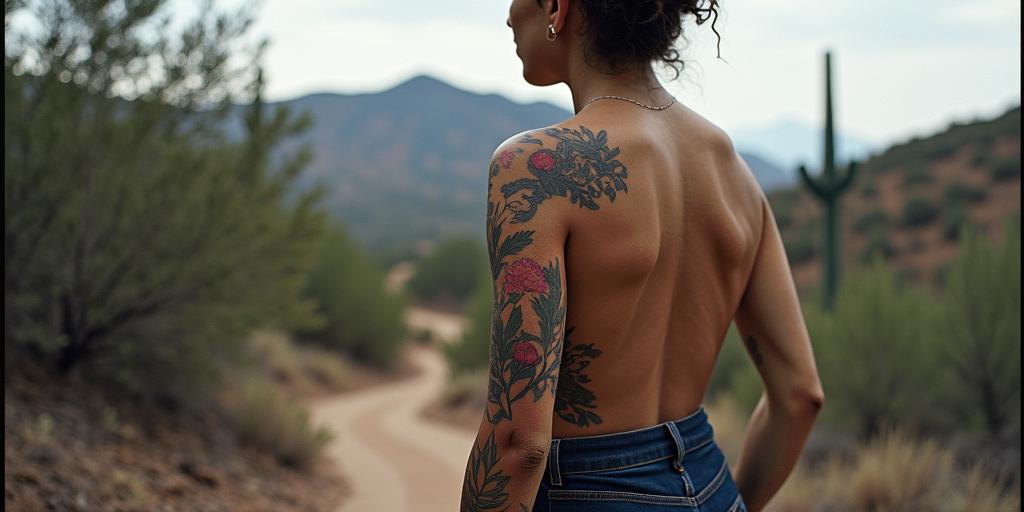 Hiking trail mountains trees one saguaro cactus no cloudshigly detailed tattoo - Variation 4