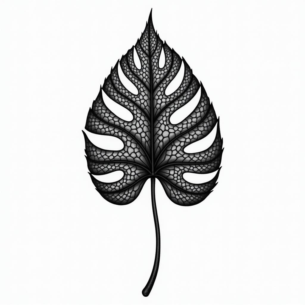 Monstera leaf in geometric style tattoo, blending hexagons, mandala-inspired patterns, symmetrical and fractal design, clean lines, sharp angles - Variation 1