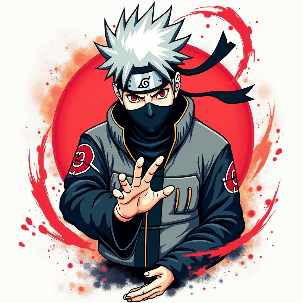 Kakashi Sensei from Naruto using Chidoriin pop art style tattoo, featuring bold and vibrant colors, exaggerated outlines, iconic imagery, inspired by comic books and speech bubbles, comic book characters, retro pop culture - Variation 4