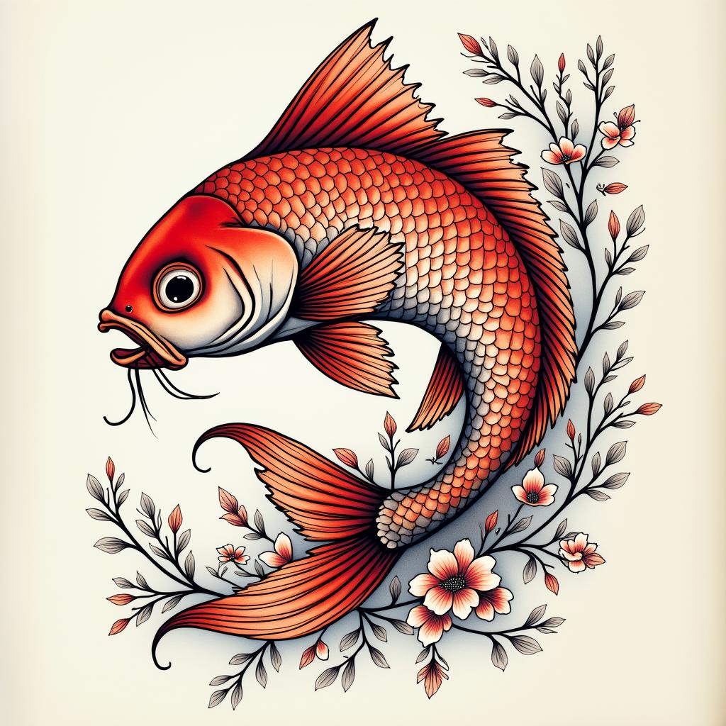 Red fishin ornamental tattoo style, featuring intricate symmetrical patterns and floral designs, showcasing highly detailed line work and geometric shapes, creating a sense of elegance and balance - Variation 2