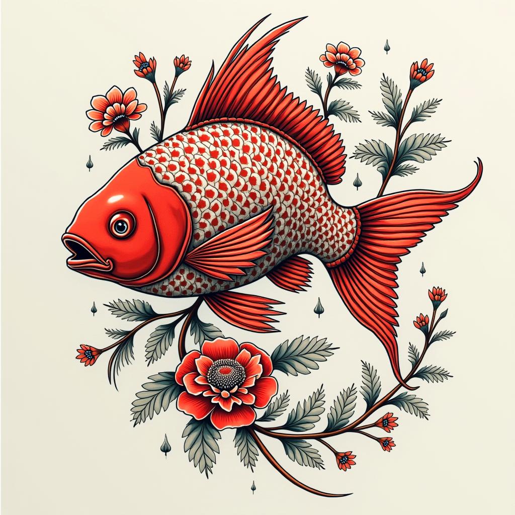 Red fishin ornamental tattoo style, featuring intricate symmetrical patterns and floral designs, showcasing highly detailed line work and geometric shapes, creating a sense of elegance and balance - Variation 1