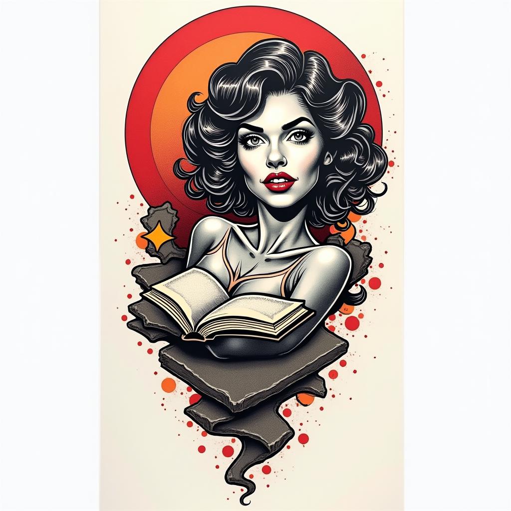Bookin pop art style tattoo, featuring bold and vibrant colors, exaggerated outlines, iconic imagery, inspired by comic books and speech bubbles, comic book characters, retro pop culture - Variation 1