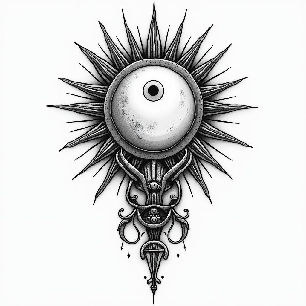 Sun and moon intertwined, shiningin spiritual symbols tattoo style, featuring an intricate design incorporating elements, Hamsa hand, third eye, minimalist composition - Variation 2
