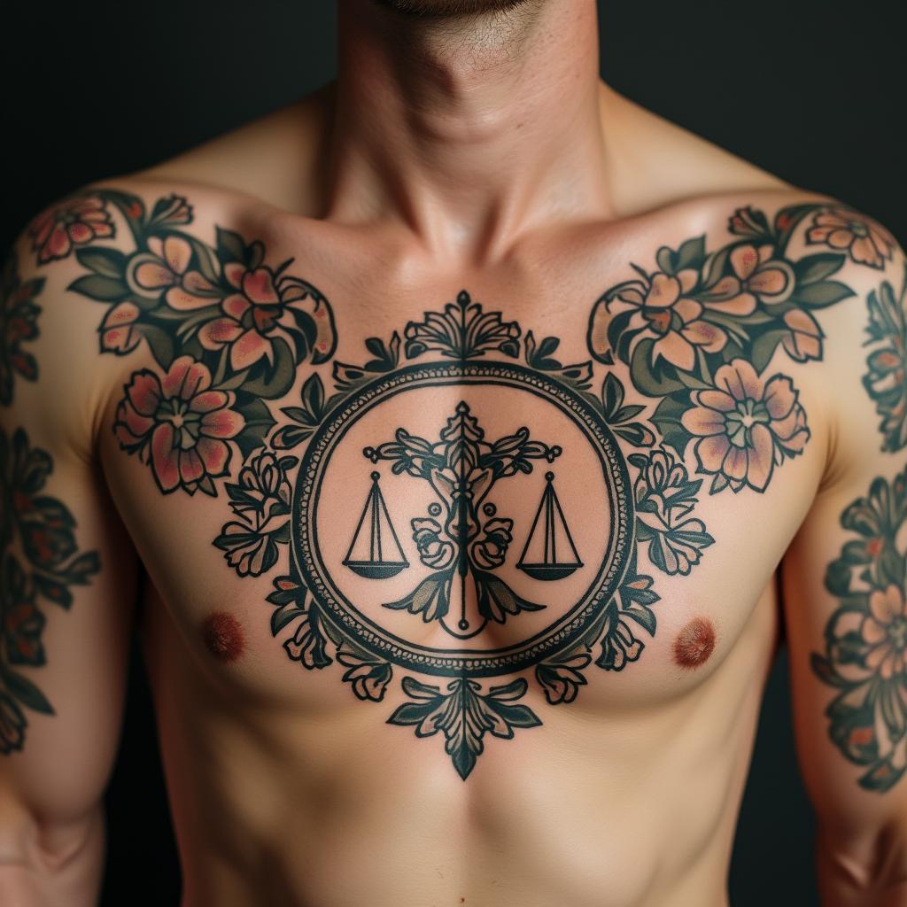 Libra zodiac signin victorian style tattoo, featuring vintage and elegant elements, ornate frames, roses, antique, sepia-toned color scheme - Variation 2