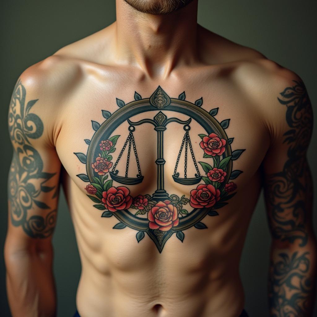 Libra zodiac signin victorian style tattoo, featuring vintage and elegant elements, ornate frames, roses, antique, sepia-toned color scheme