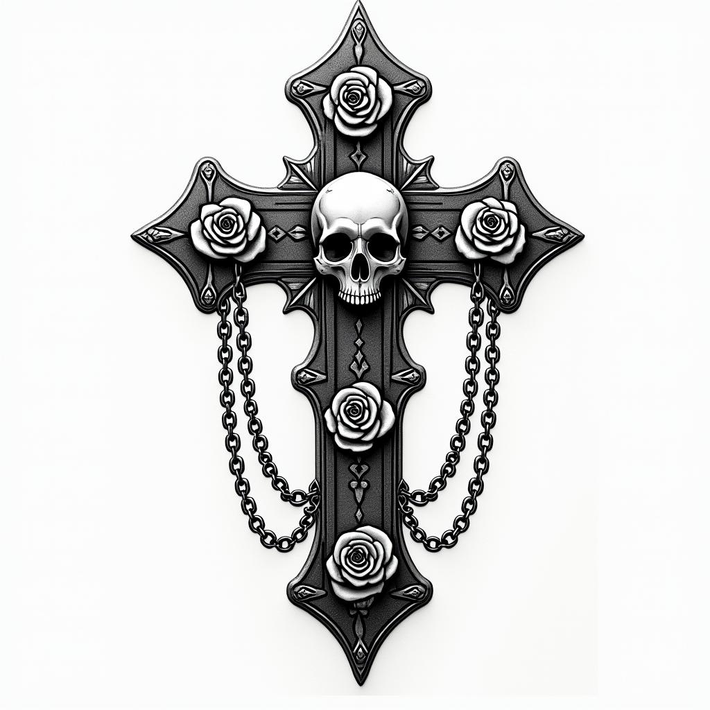 Bookin chicano style tattoo, featuring intricate black and grey shading, bold elements of traditional chicano culture symbols, add a big cross with skull, chains and roses - Variation 4
