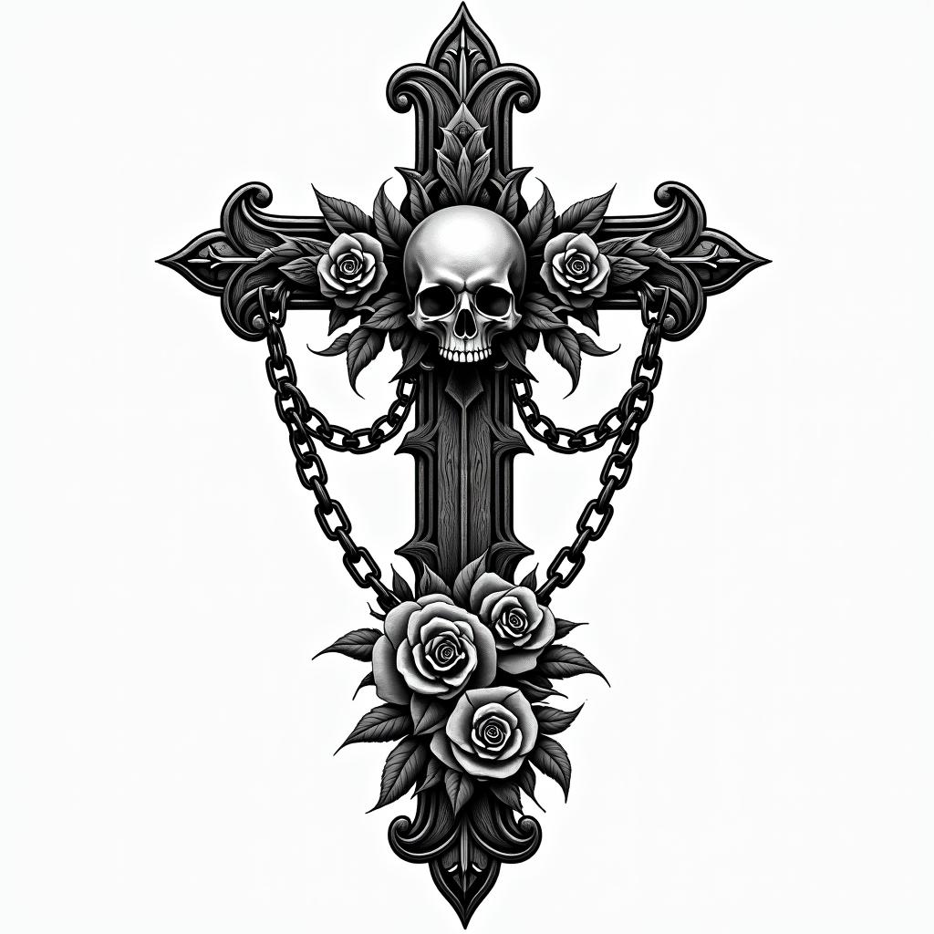 Bookin chicano style tattoo, featuring intricate black and grey shading, bold elements of traditional chicano culture symbols, add a big cross with skull, chains and roses - Variation 2