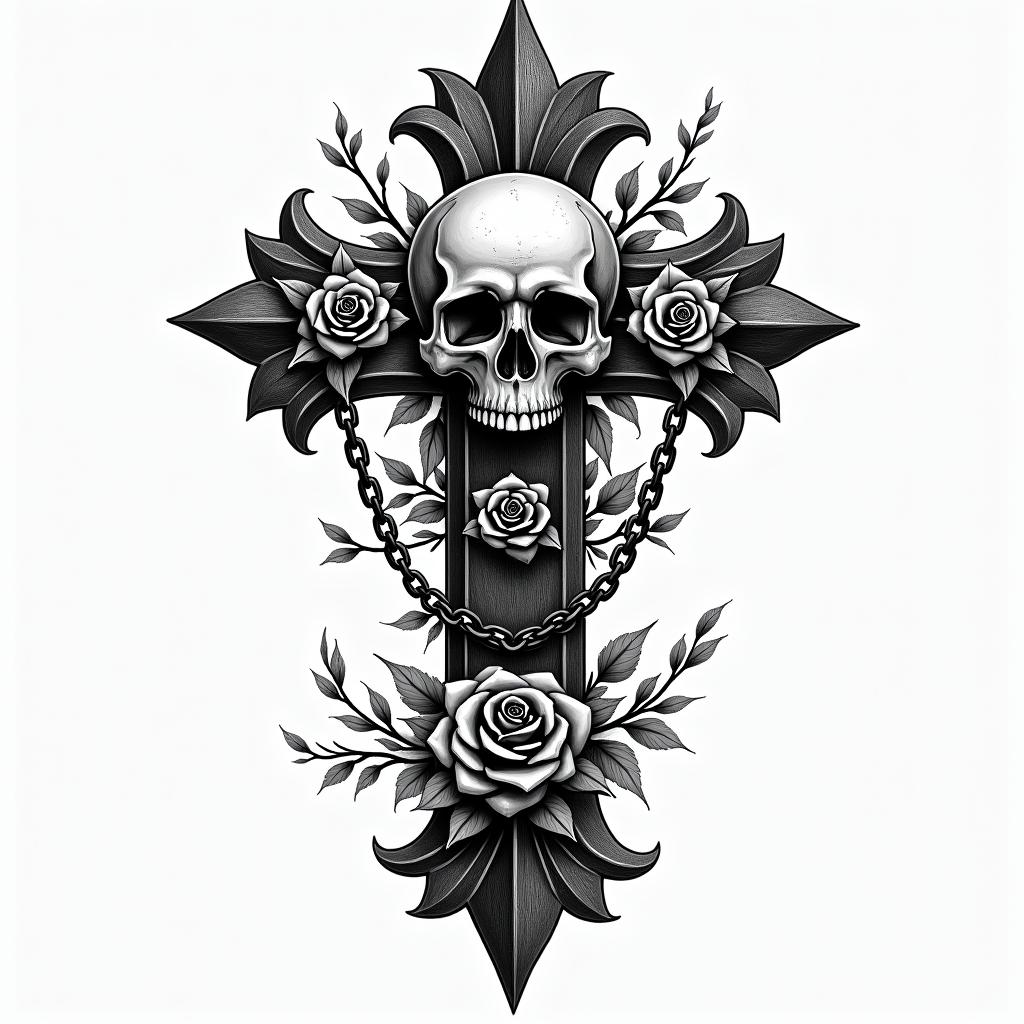 Bookin chicano style tattoo, featuring intricate black and grey shading, bold elements of traditional chicano culture symbols, add a big cross with skull, chains and roses - Variation 3