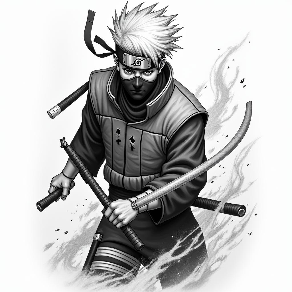 Kakashi sensei from Naruto using Chidori.in japanese style tattoo, detailed tattoo, traditional japanese culture tattoo, mythology, 8k - Variation 2