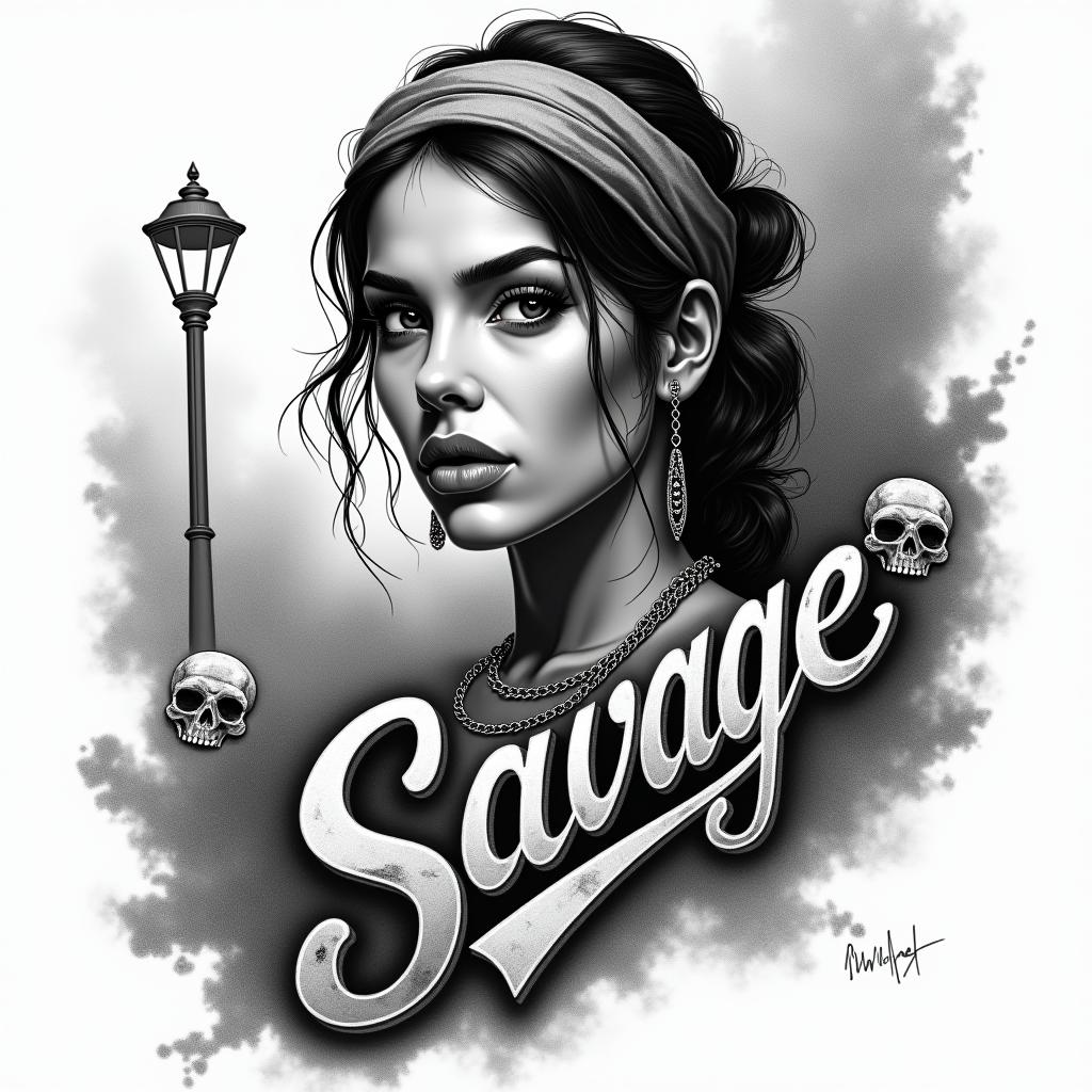 Create a realistic black and grey tattoo design in a traditional Chicano style, inspired by street works from Los Angeles. The word “Savage” must be written in negative lettering, embedded in the background (like sculpted in smoke, clouds, or a wall), with an urban graffiti style typical of the 90s. The lettering should be bold, angular, and fluid, while remaining readable.

The design should include:
	•	A Chicana woman in 3/4 view, with an intense gaze, wearing a bandana and typical jewelry (large earrings, thick chains).
	•	Street elements like a cracked brick wall, an old street lamp, or a lowrider car in the background.
	•	Realistic light plays with sharp shadows, simulating street lighting (nighttime ambiance).
	•	Roses or decorative skulls, to enhance the Chicano aesthetic.
	•	A smoky or misty texture in the background, where the word “Savage” appears in negative (like cut out from the light or shadow).

The entire drawing should maintain a dramatic and symbolic atmosphere, typical of Chicano art, with plenty of depth, contrast, and strong composition.in realism tattoo style, featuring a highly detailed, lifelike, capturing every detail, photorealistic, ultra realistic, intricate shading, smooth and sharp,  
