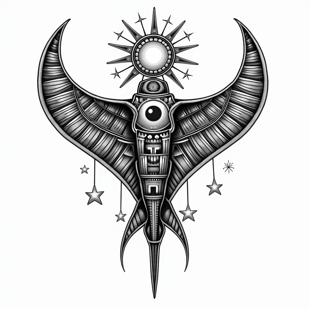 Manta ray, bold, Mayan calendarin prophecy tattoo style, featuring mystical symbols, celestial imagery like stars, moons, suns, geometric patterns, foretelling elements, an eye of wisdom - Variation 12