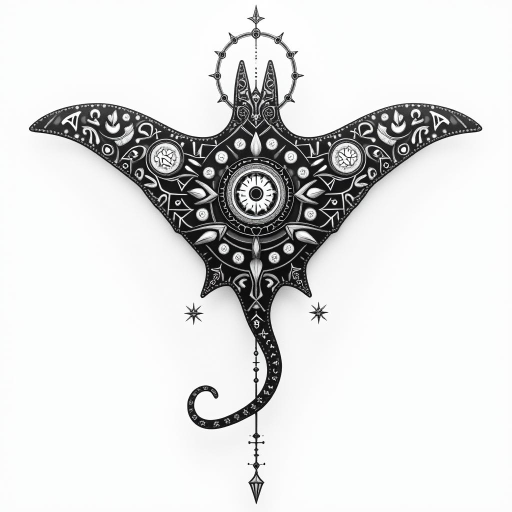Manta ray, bold, Mayan calendarin prophecy tattoo style, featuring mystical symbols, celestial imagery like stars, moons, suns, geometric patterns, foretelling elements, an eye of wisdom - Variation 10