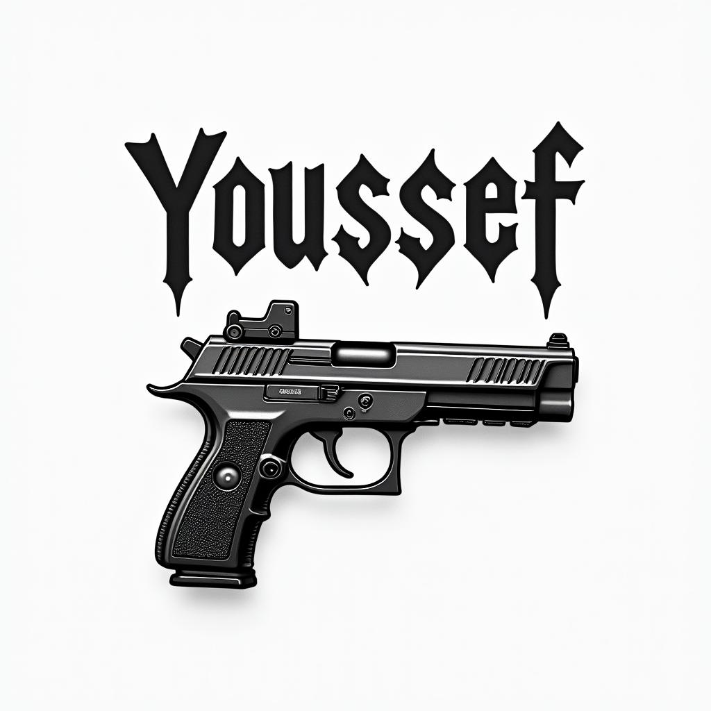 Tattoo with the name Youssef and below the name is a machine guntext-based tattoo, japanese font ultra-realistic, perfectly placed, high-quality font design, photo-realistic shading, 8k, high quality, finely detailed typograph