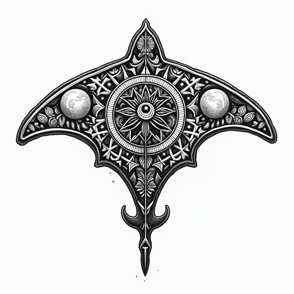 Manta ray, bold, Mayan calendarin prophecy tattoo style, featuring mystical symbols, celestial imagery like stars, moons, suns, geometric patterns, foretelling elements, an eye of wisdom - Variation 7