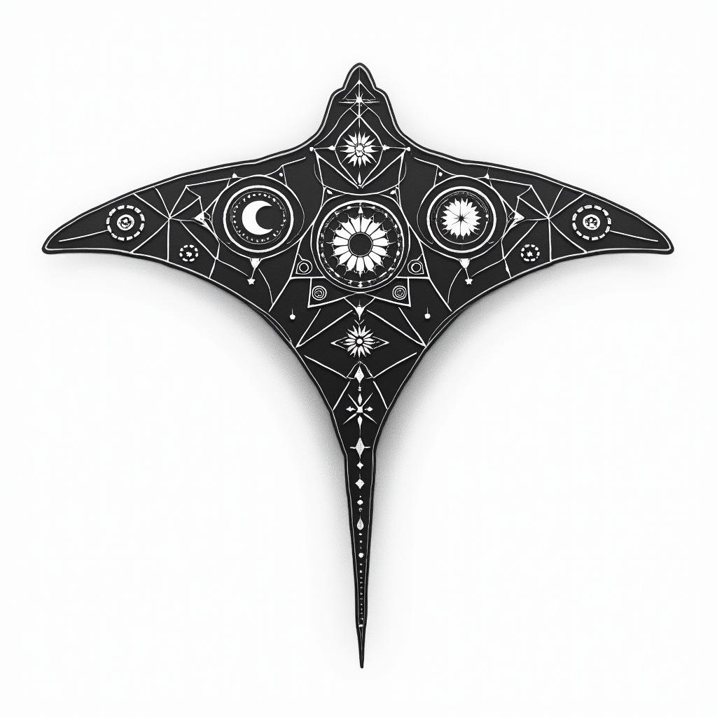 Manta ray, bold, Mayan calendarin prophecy tattoo style, featuring mystical symbols, celestial imagery like stars, moons, suns, geometric patterns, foretelling elements, an eye of wisdom - Variation 5