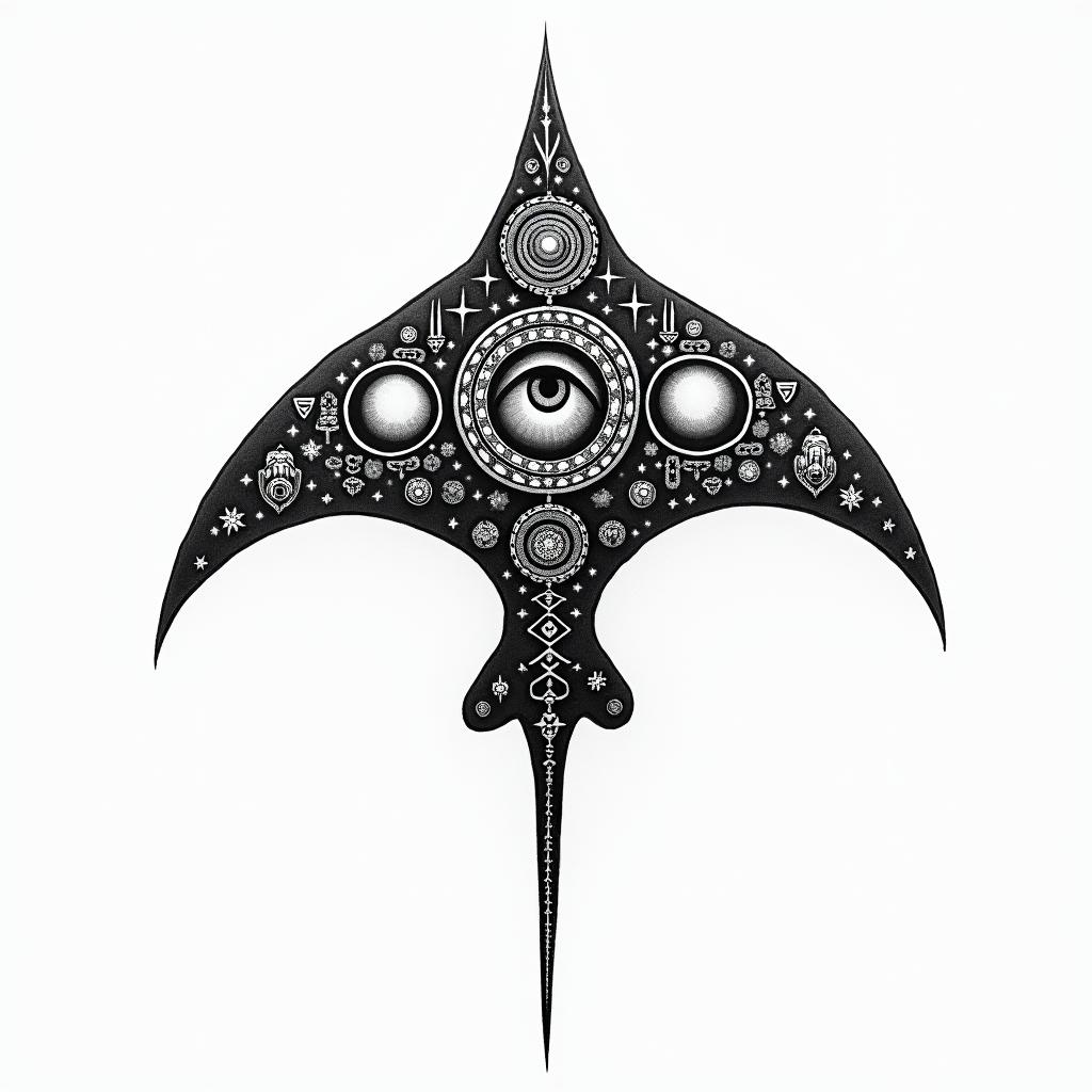 Manta ray, bold, Mayan calendarin prophecy tattoo style, featuring mystical symbols, celestial imagery like stars, moons, suns, geometric patterns, foretelling elements, an eye of wisdom