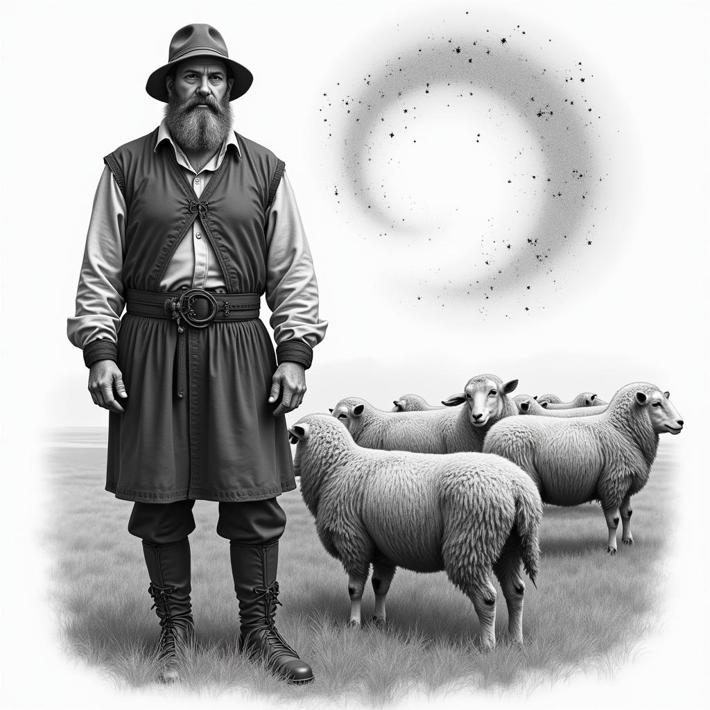 A shepherd in traditional German clothing and with a beard on the left side in the foreground, next to a grazing flock of sheep in the background and the constellation Leo in the sky.in realism tattoo style, featuring a highly detailed, lifelike, capturing every detail, photorealistic, ultra realistic, intricate shading, smooth and sharp, - Variation 3