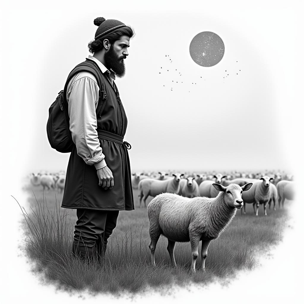 A shepherd in traditional German clothing and with a beard on the left side in the foreground, next to a grazing flock of sheep in the background and the constellation Leo in the sky.in realism tattoo style, featuring a highly detailed, lifelike, capturing every detail, photorealistic, ultra realistic, intricate shading, smooth and sharp,