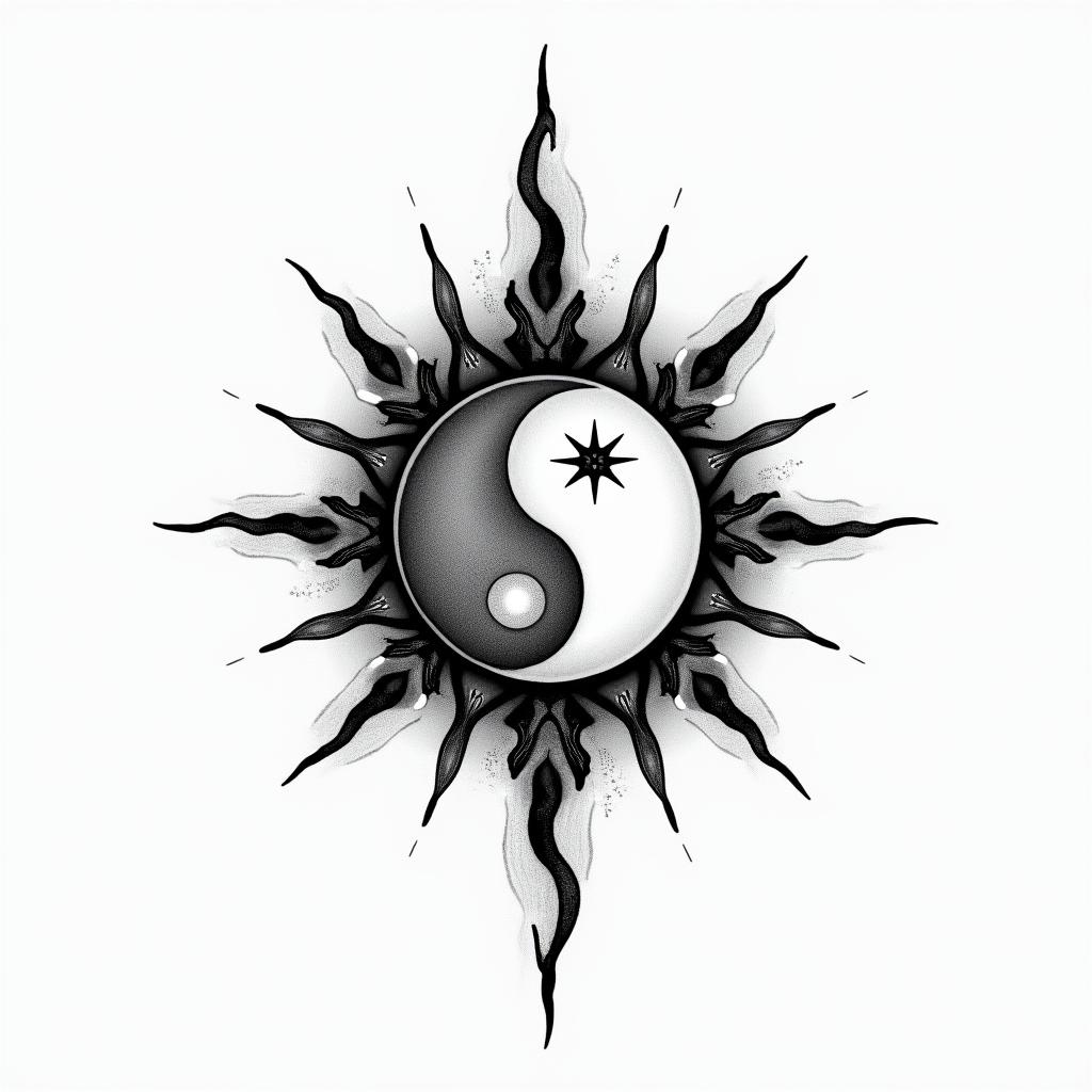 Sun and moon intertwined, shiningin spiritual symbols tattoo style, featuring an intricate design incorporating elements, Hamsa hand, third eye, minimalist composition - Variation 1