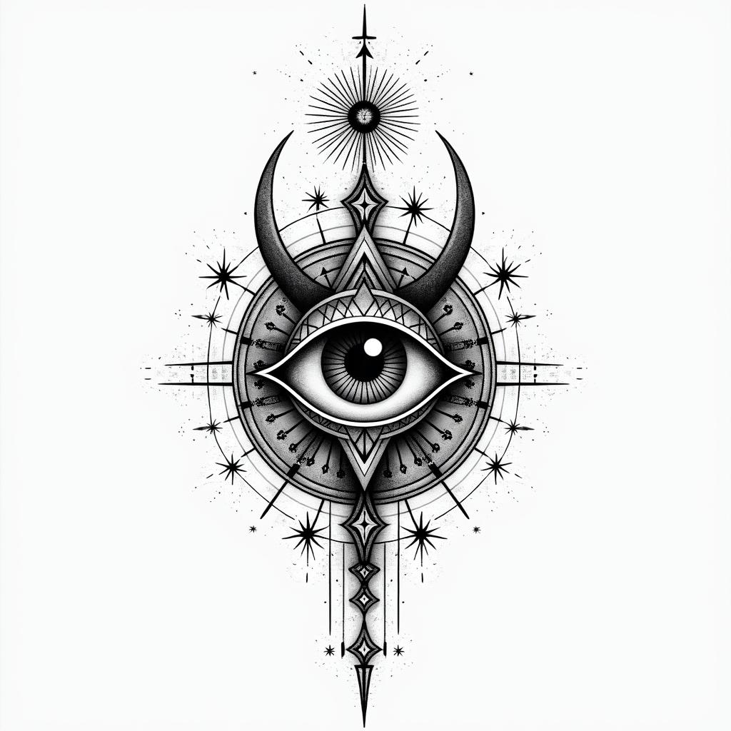Minimalist years, dates, from the ashesin prophecy tattoo style, featuring mystical symbols, celestial imagery like stars, moons, suns, geometric patterns, foretelling elements, an eye of wisdom - Variation 3