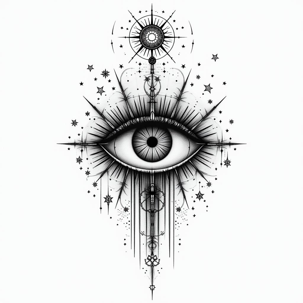 Minimalist years, dates, from the ashesin prophecy tattoo style, featuring mystical symbols, celestial imagery like stars, moons, suns, geometric patterns, foretelling elements, an eye of wisdom - Variation 4