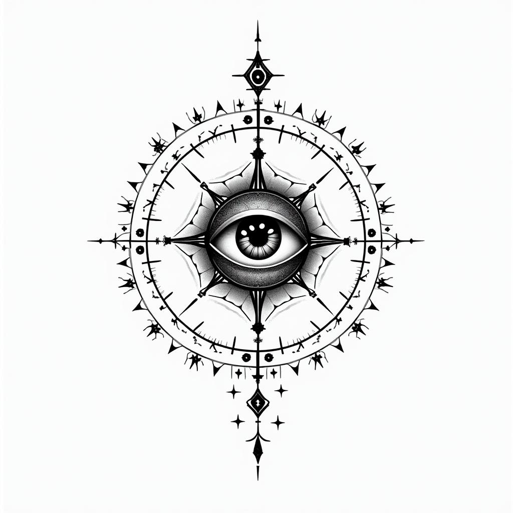 Minimalist years, dates, from the ashesin prophecy tattoo style, featuring mystical symbols, celestial imagery like stars, moons, suns, geometric patterns, foretelling elements, an eye of wisdom - Variation 2