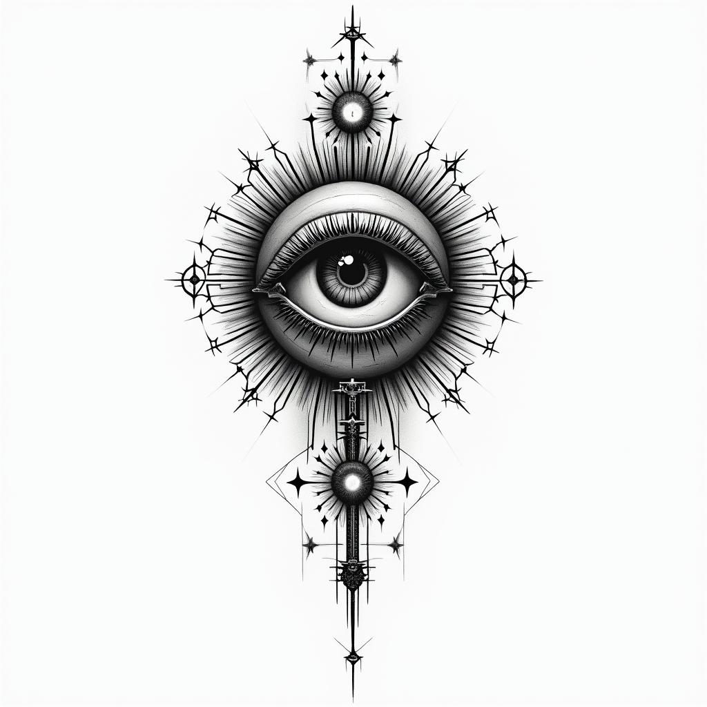 Minimalist years, dates, from the ashesin prophecy tattoo style, featuring mystical symbols, celestial imagery like stars, moons, suns, geometric patterns, foretelling elements, an eye of wisdom