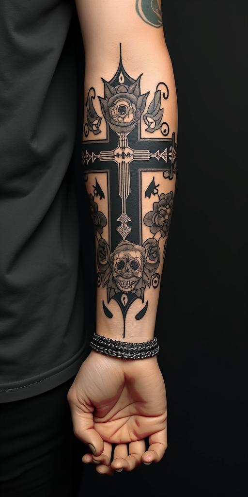 Leonin chicano style tattoo, featuring intricate black and grey shading, bold elements of traditional chicano culture symbols, add a big cross with skull, chains and roses - Variation 2