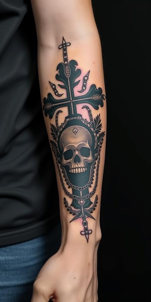 Leonin chicano style tattoo, featuring intricate black and grey shading, bold elements of traditional chicano culture symbols, add a big cross with skull, chains and roses - Variation 1