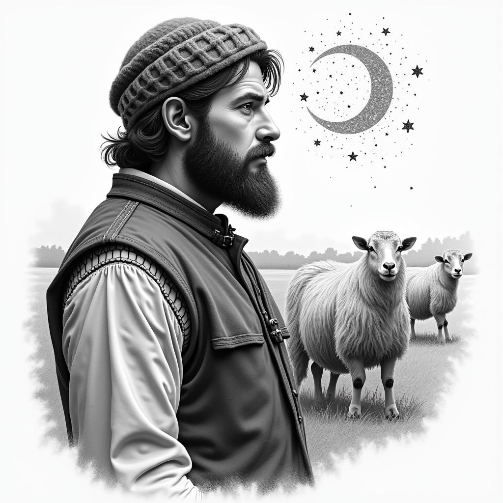 A shepherd in traditional German clothing and with a beard on the left side in the foreground, next to a grazing flock of sheep in the background and the constellation Leo in the sky.in portrait tattoo style, featuring a highly realistic and detailed depiction  - Variation 3