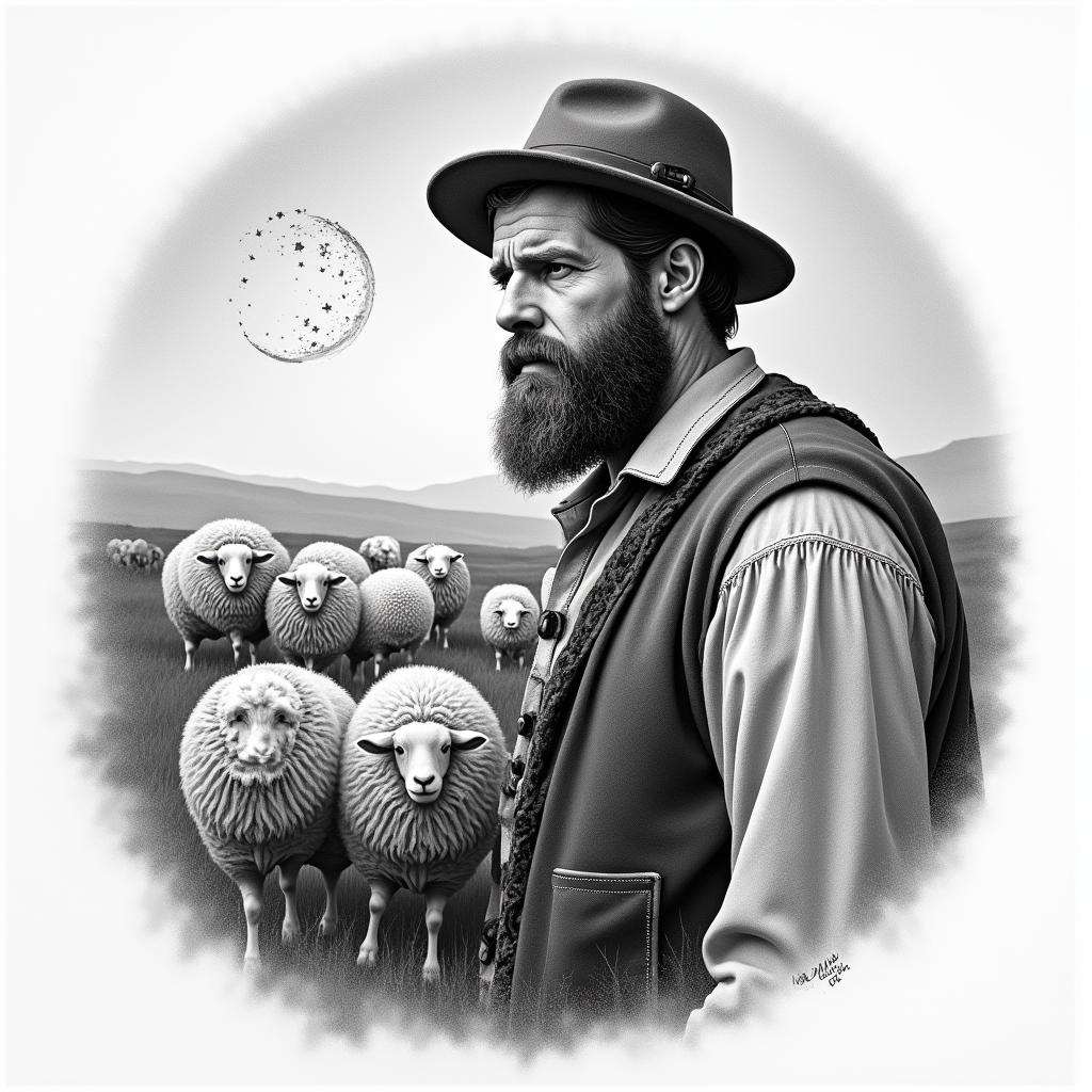 A shepherd in traditional German clothing and with a beard on the left side in the foreground, next to a grazing flock of sheep in the background and the constellation Leo in the sky.in portrait tattoo style, featuring a highly realistic and detailed depiction  - Variation 2